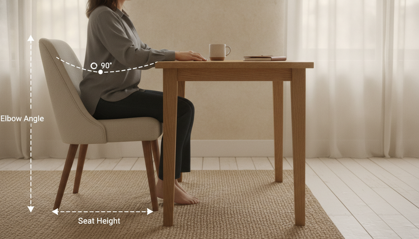 A side-on diagram of a seated person at a desk with elbow angle and seat height marked