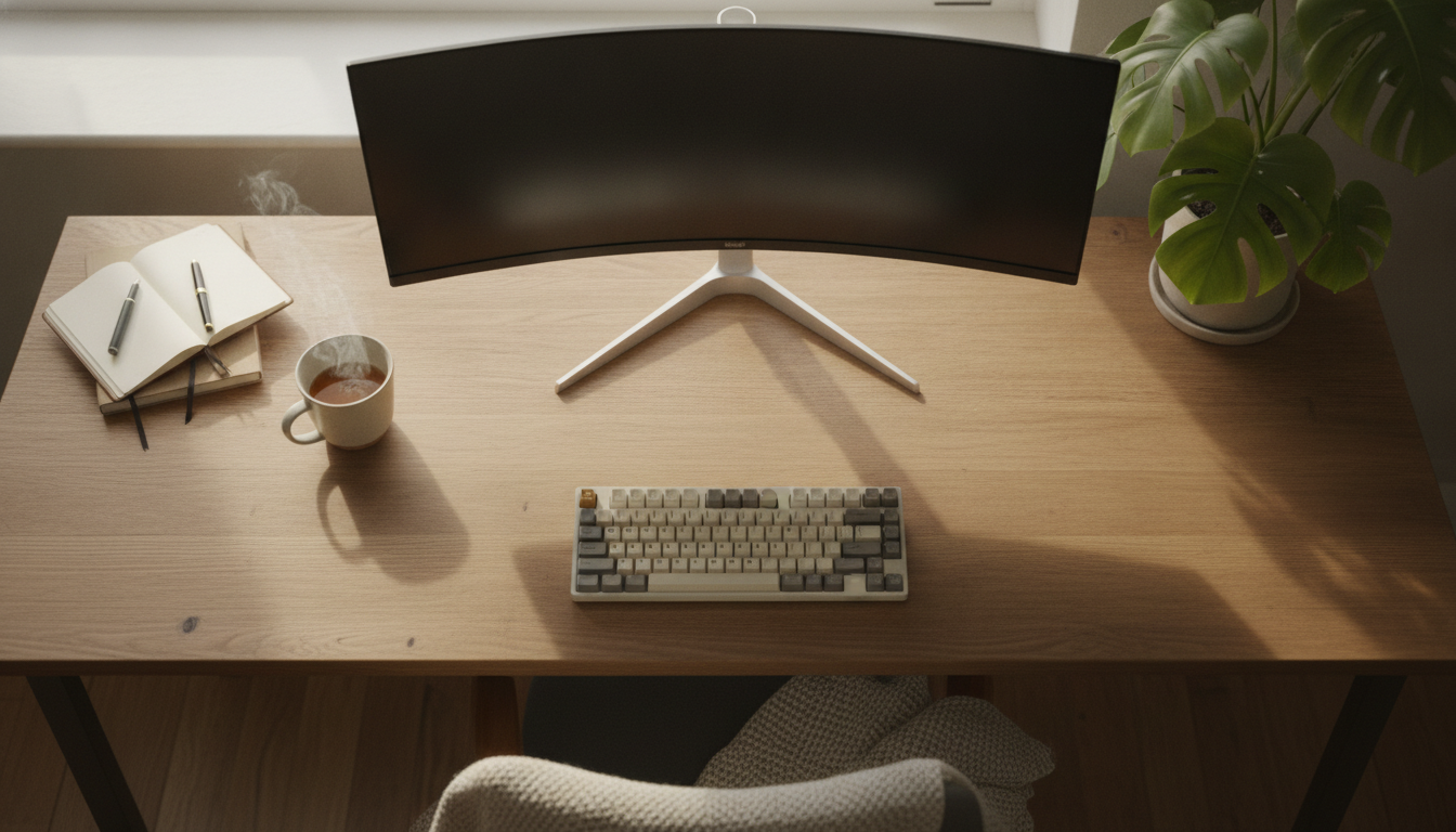 Overhead view of a desk surface showing the depth needed for a monitor at arm's length plus a keyboard