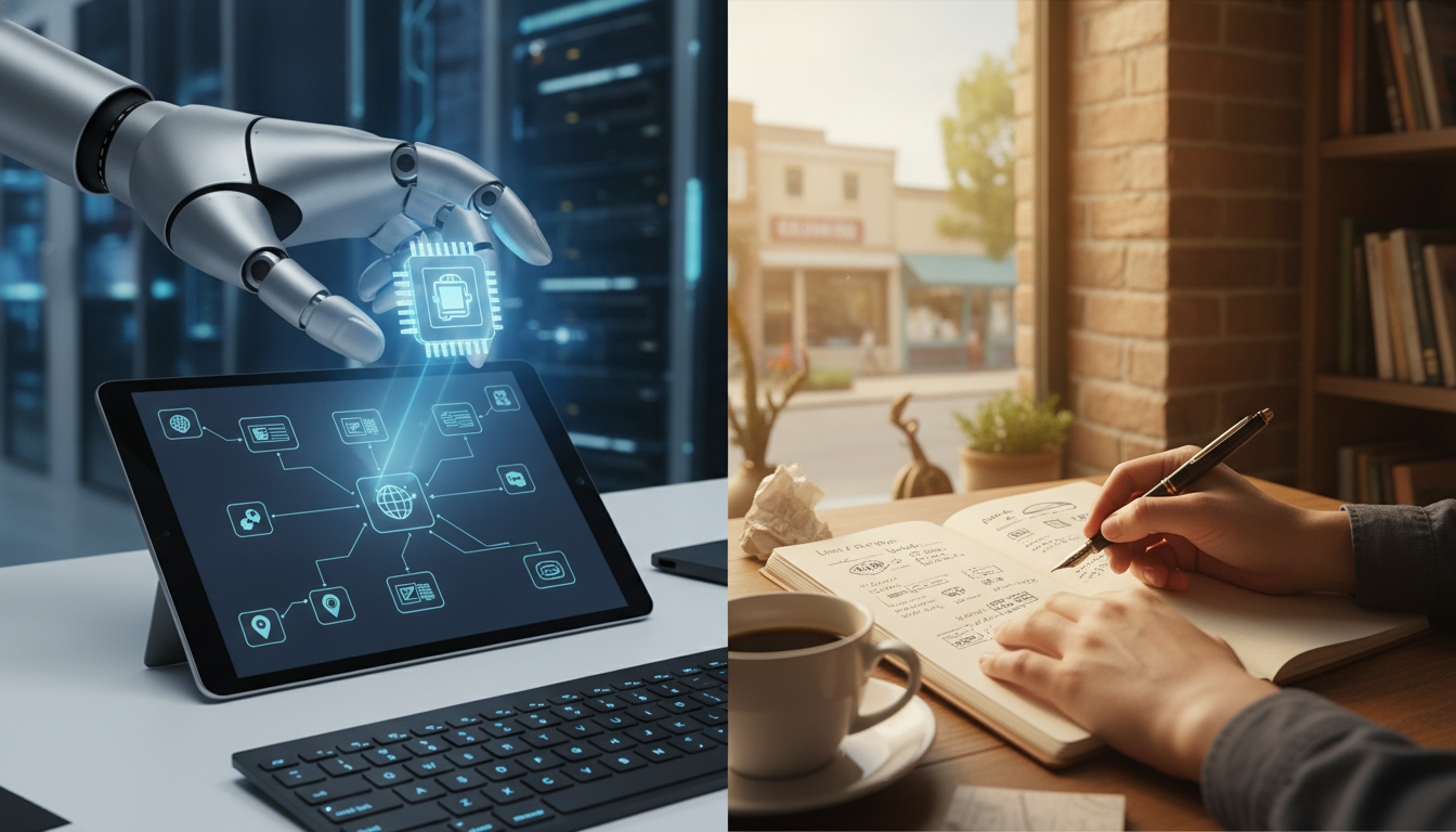 Photograph illustrating automated blogging vs human writers for local seo