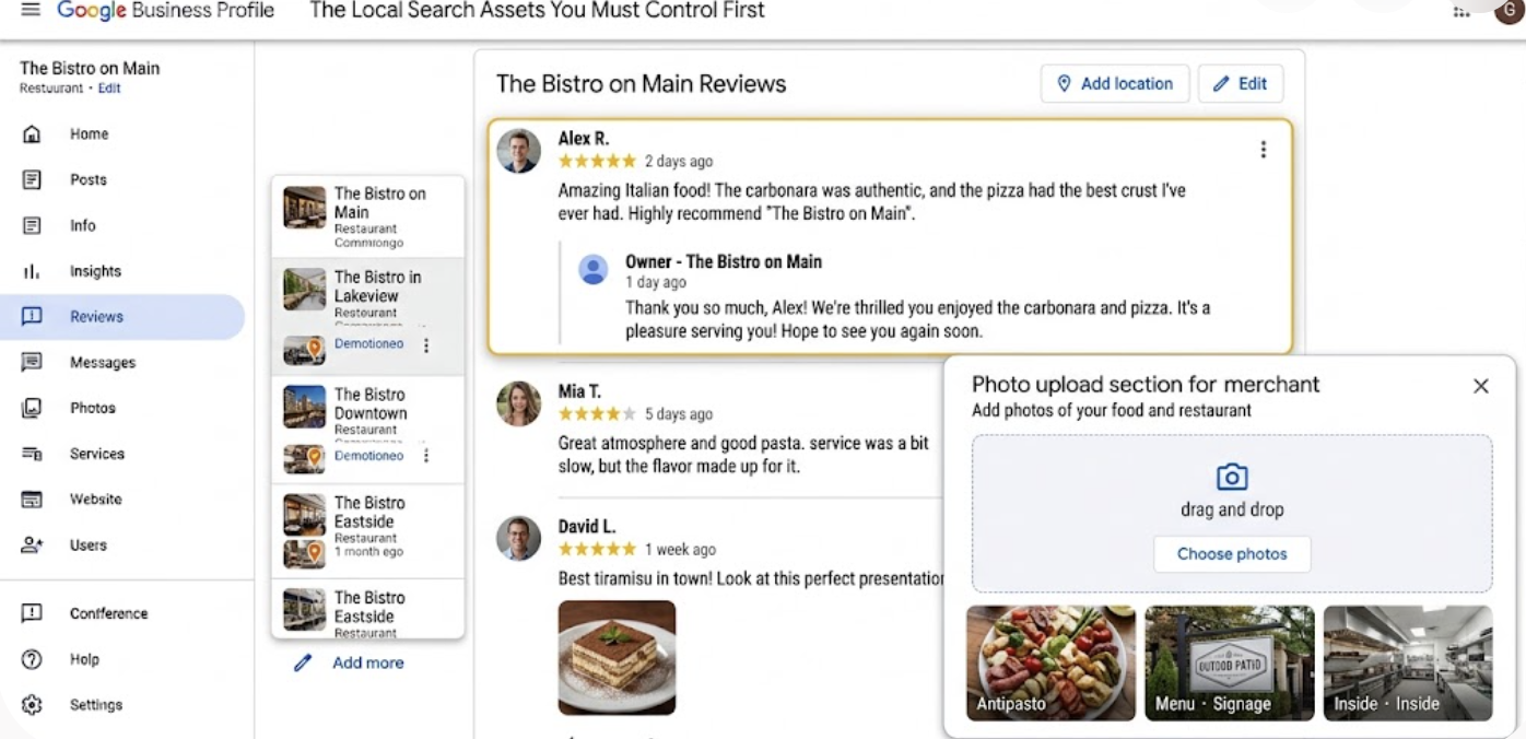 Please capture a Google Business Profile dashboard for a restaurant showing the menu, photos, Q&A, and review sections filled in, with the insights tab visible.